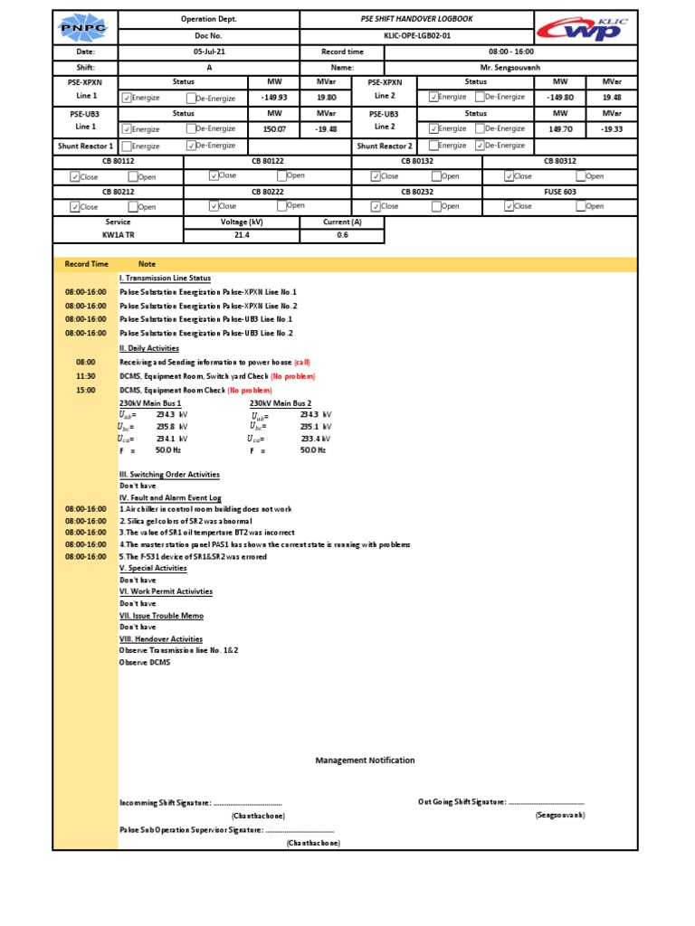 05July2021 Shift A Logbook Operator Pakse PDF Electrical