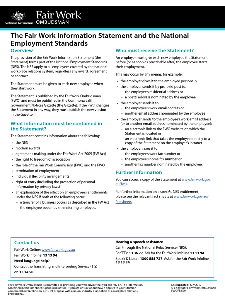 Fair Work Information Statement PDF Civil Rights And Liberties Employment
