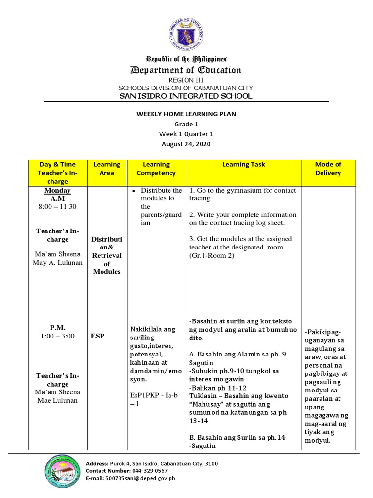 6.) Weekly Home Learning Plan | PDF