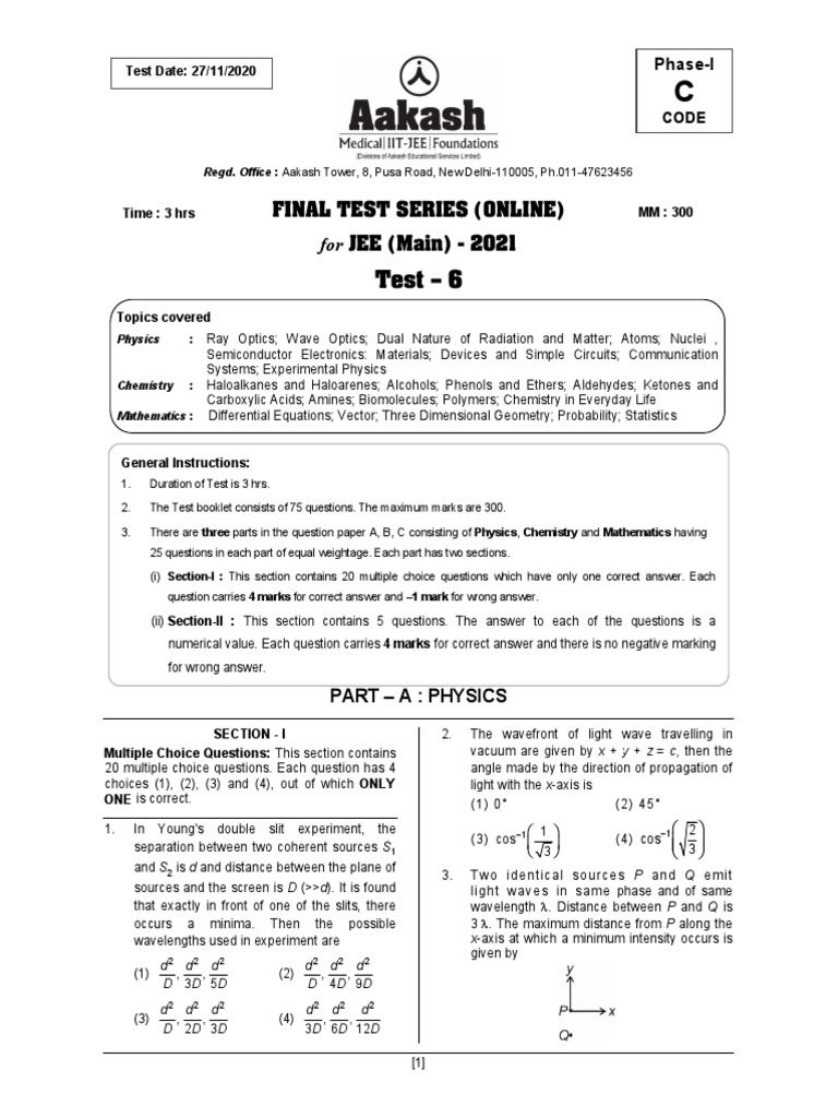 JEE Main 2021 Final Test Series 6 | PDF | Photoelectric Effect ...