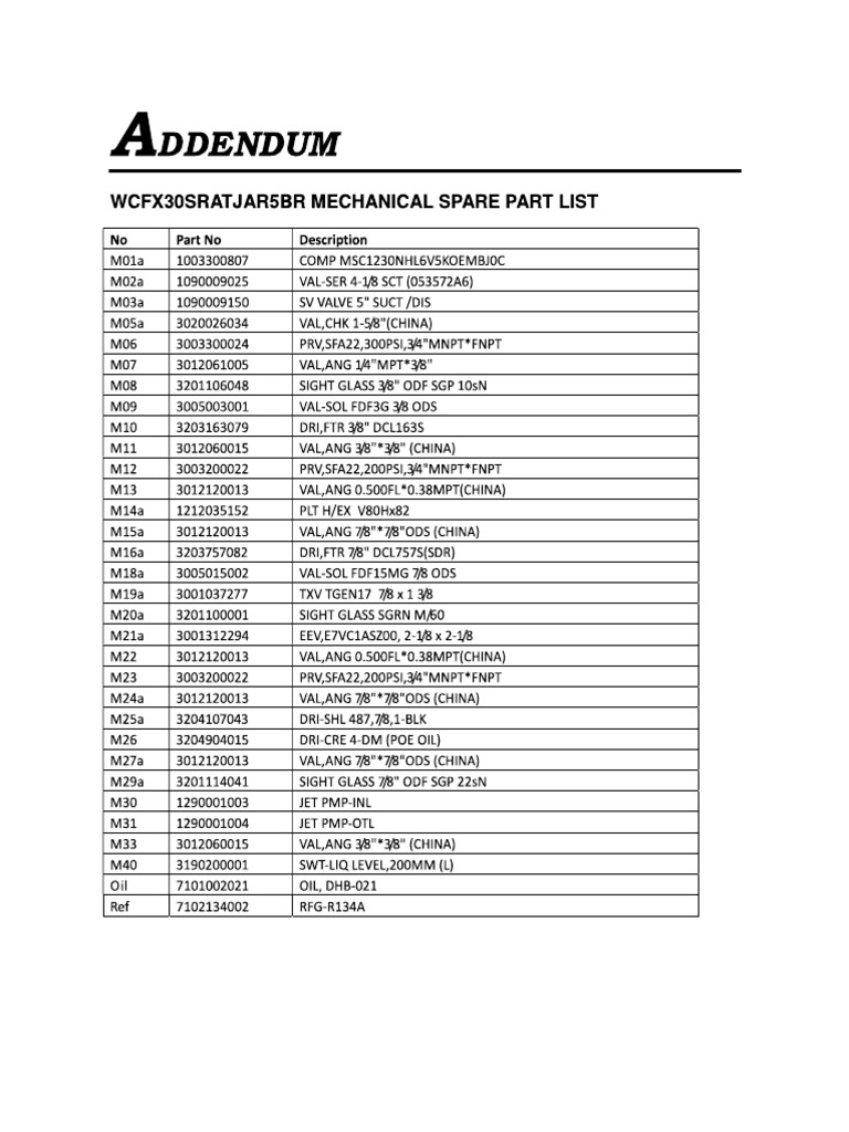 Chiller Spare Part List PDF
