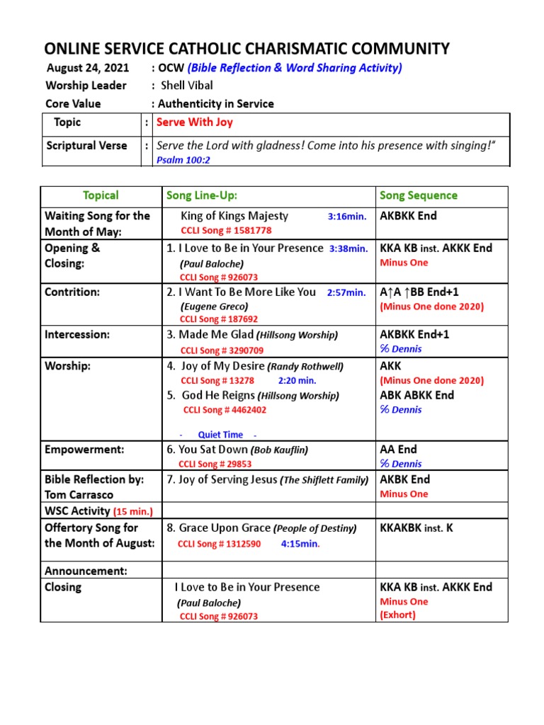 August 24 21 Ocw Song Line Up Shell Vibal Pdf Religious Behaviour And Experience Divine Grace