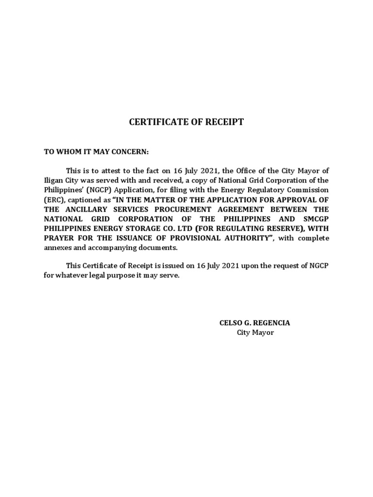 CERTIFICATE OF RECEIPT - NGCP July 16 2021 | PDF | Electrical Grid ...