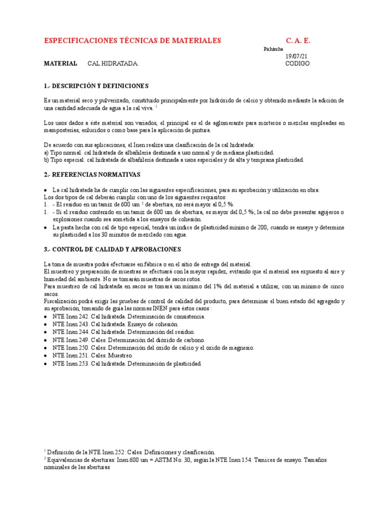 Especificaciones de Cal Hidratada | PDF | Química | Materiales