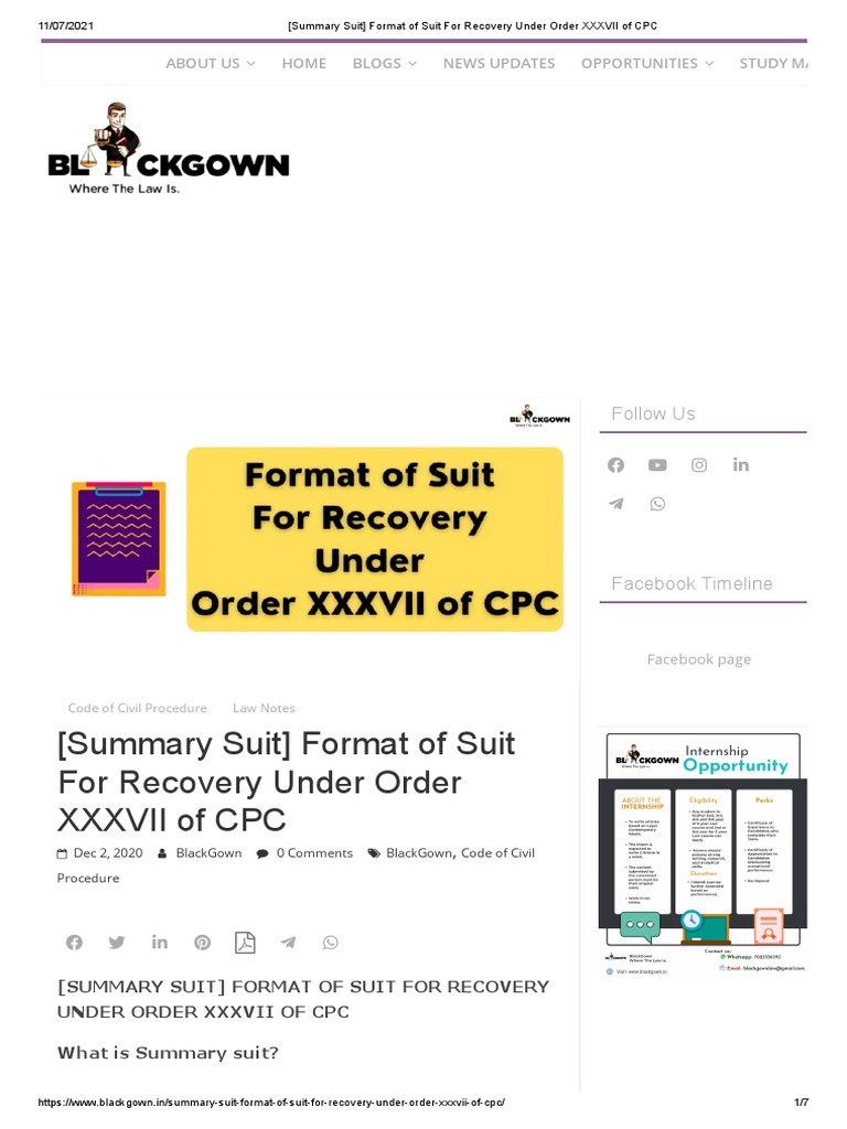 (Summary Suit) Format of Suit For Recovery Under Order XXXVII of CPC