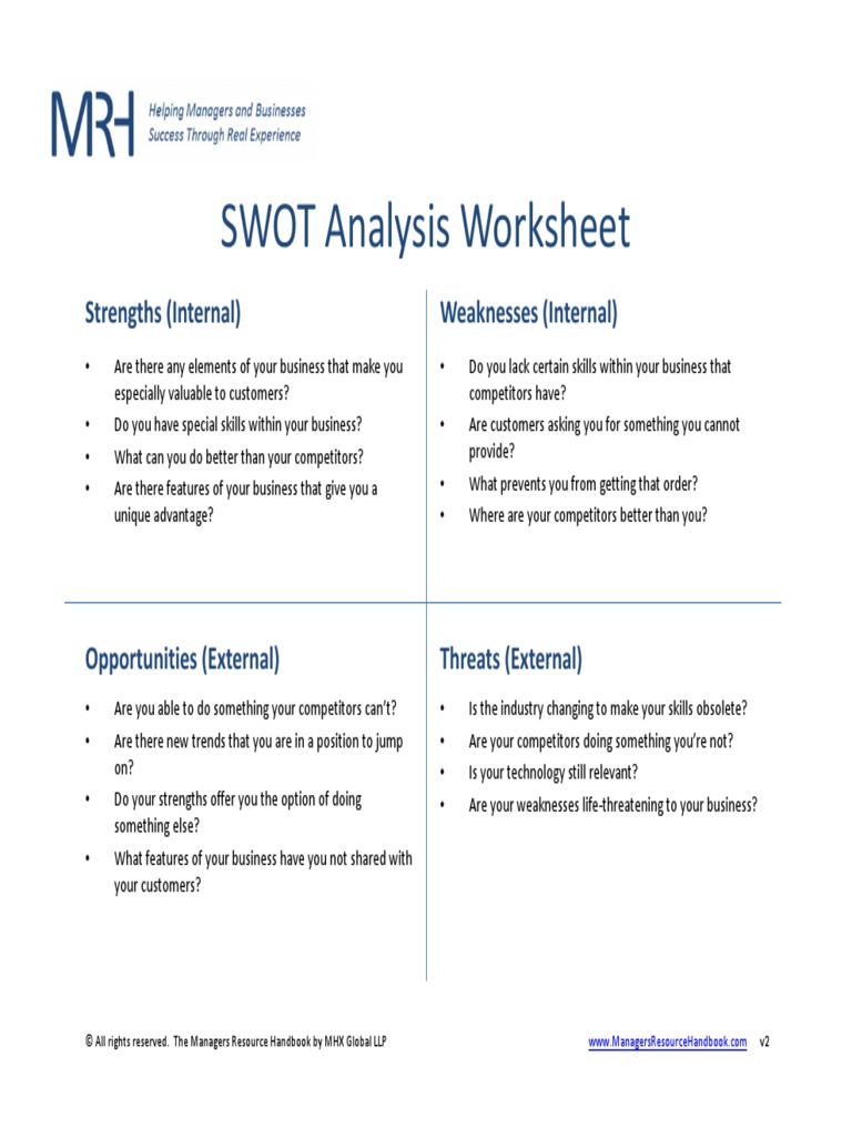 SWOT Analysis Worksheet v2 | PDF | Swot Analysis | Economies