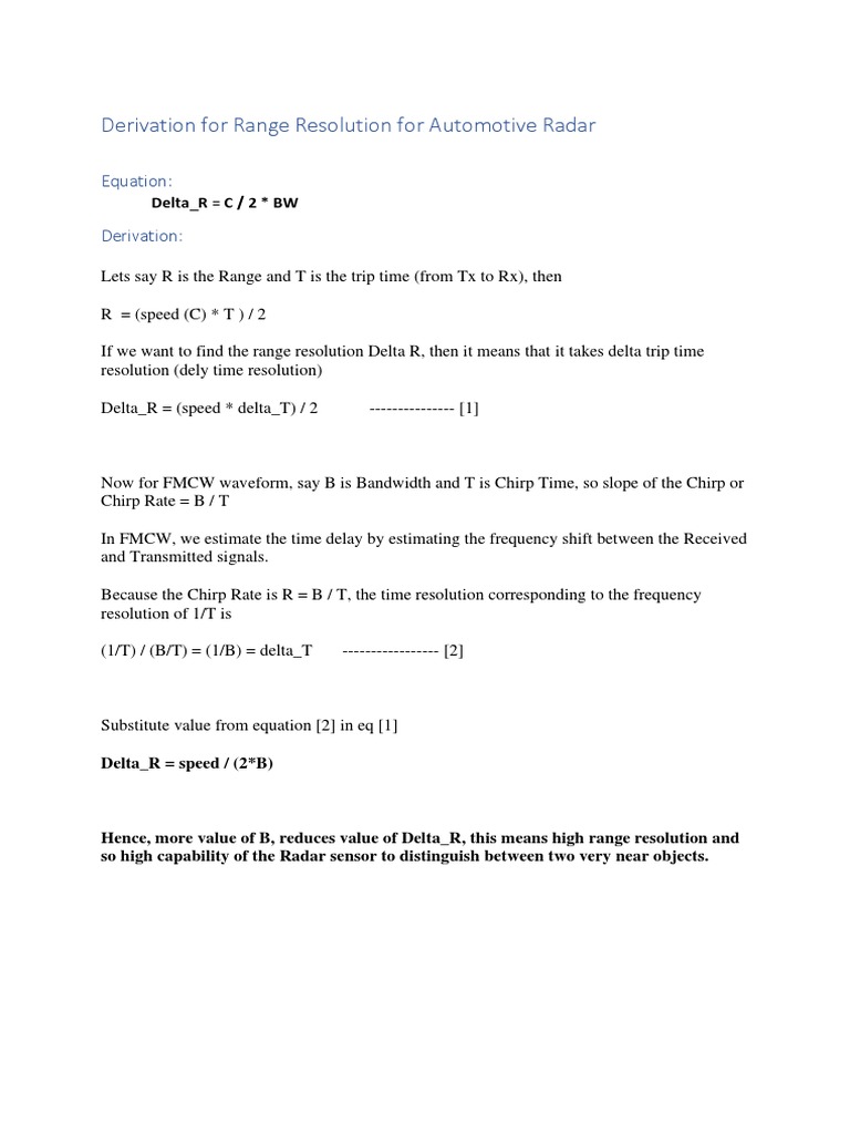 Automotive Radar Range Resolution Derivation | PDF | Science ...