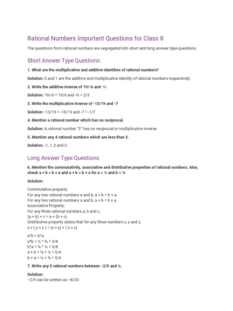 Rational Numbers Important Questions For Class 8 Short Answer Type