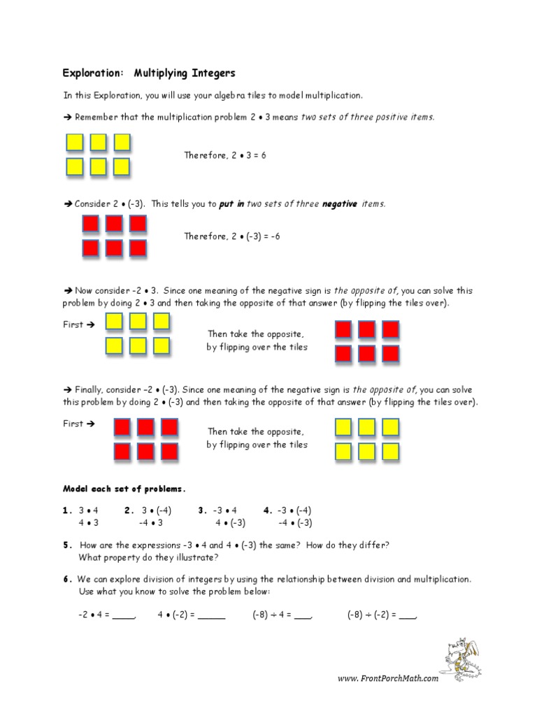 Multiplying Integers with Algebra Tiles | PDF | Multiplication | Algebra