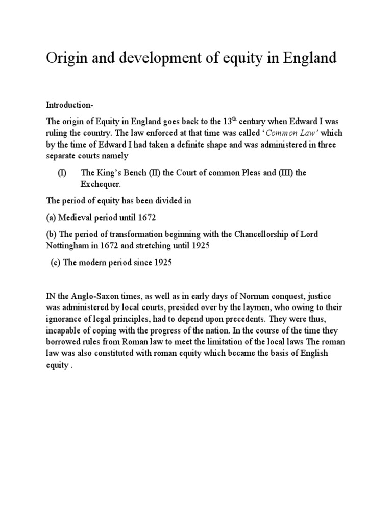 Origin and Development of Equity in England PDF Court Of Chancery