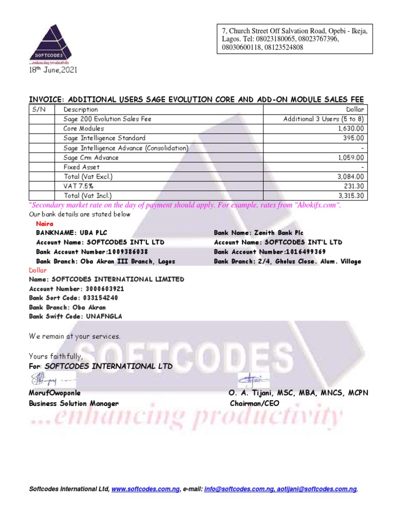 Sage Evolution Invoice for Additional Users | PDF | Money | Payments