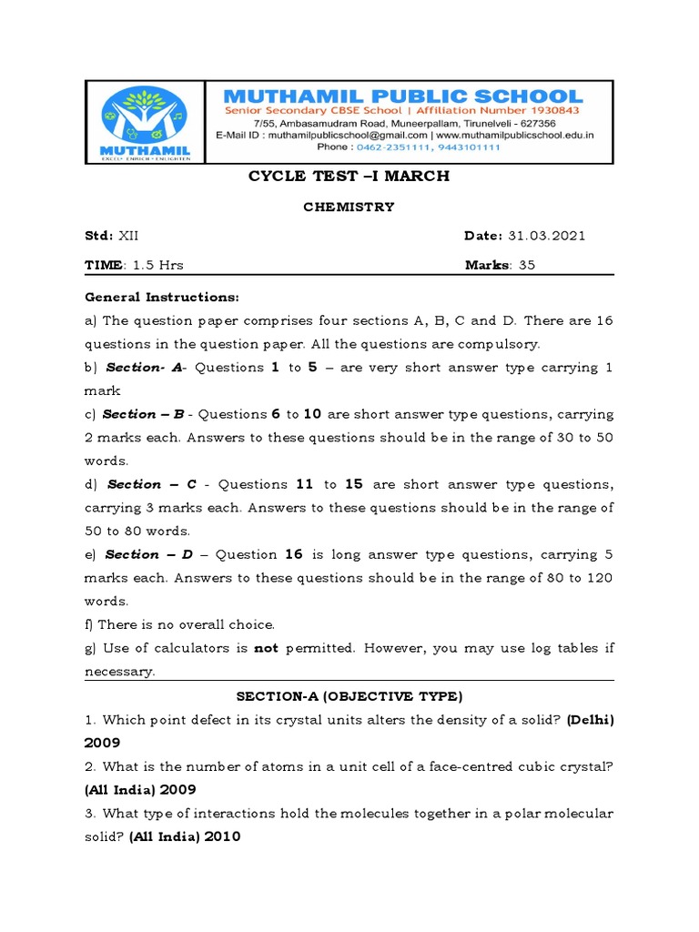 Chemistry Cycle Test I - Std XII | PDF | Crystal Structure | Crystal