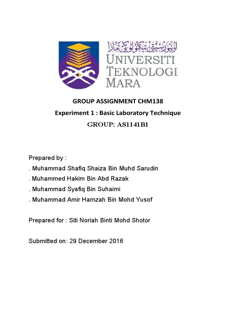 Group Assignment Chm138 Experiment 1 Basic Laboratory Technique GROUP