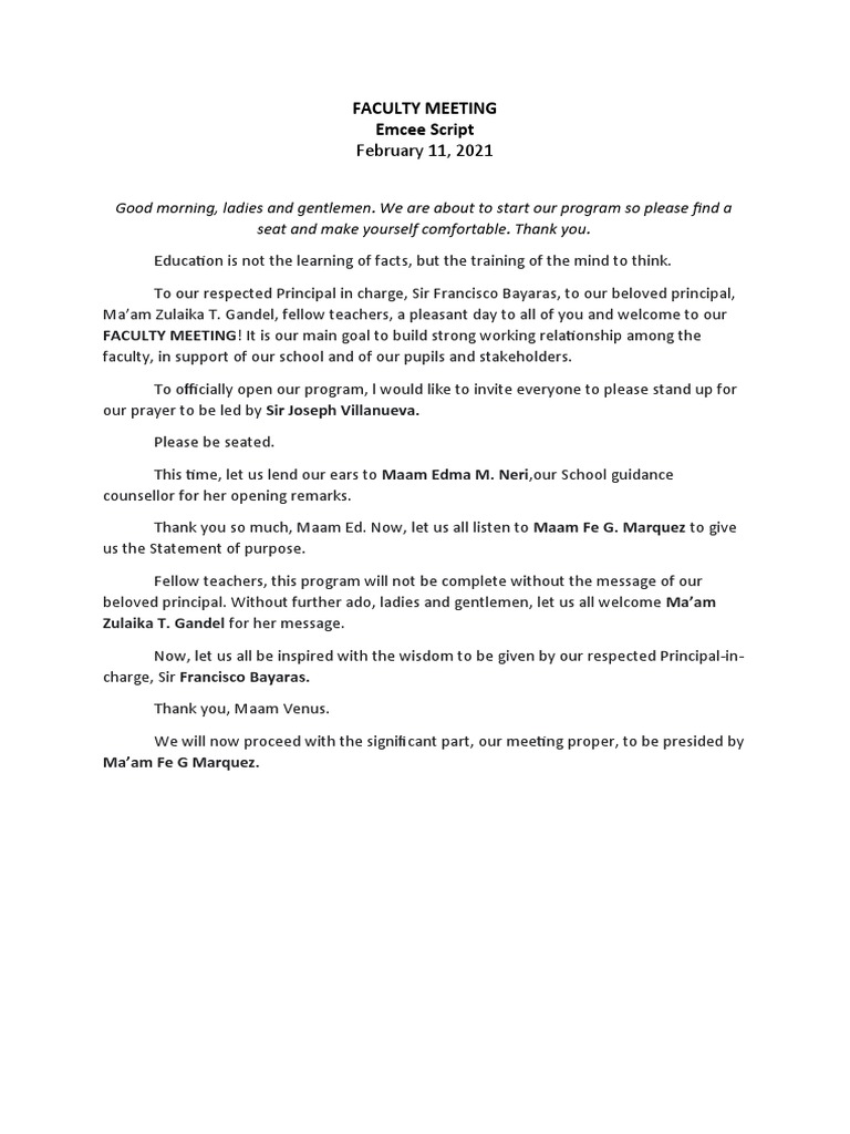 Faculty Meeting Emcee Script