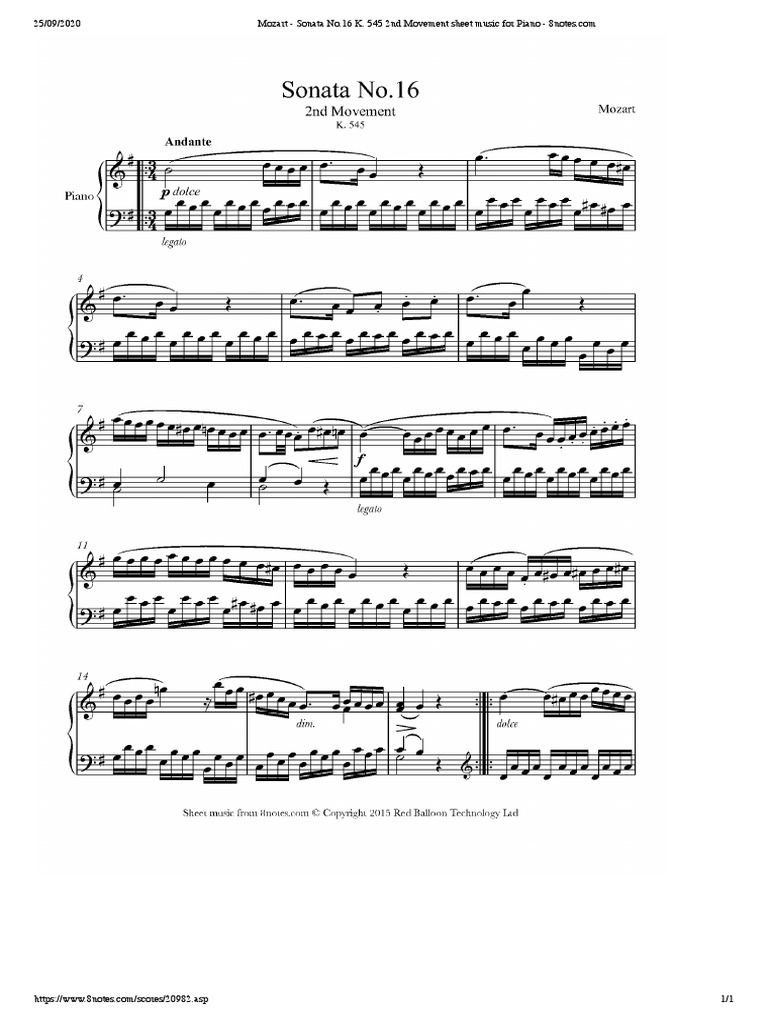 Mozart - Sonata No.16 K. 545 2nd Movement Sheet Music For Piano | PDF