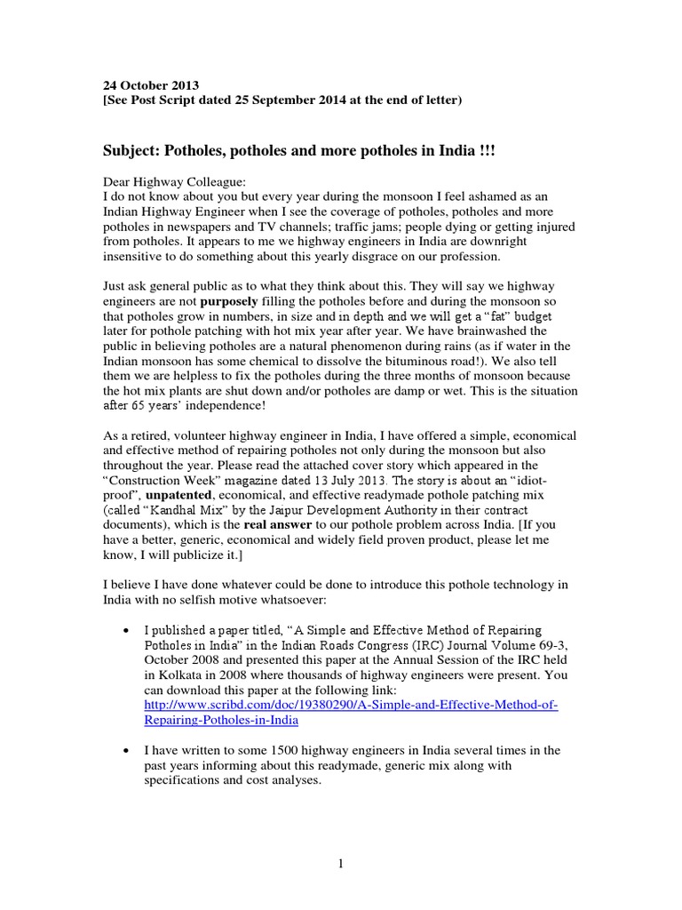 Potholes Potholes and More Potholes in India | PDF | Asphalt ...