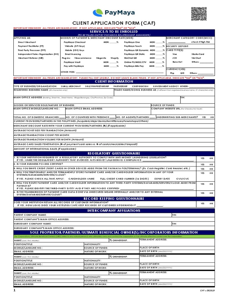 PayMaya Client Application Form: A Comprehensive Document for Merchant ...