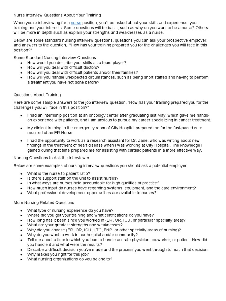 Nurse Interview Questions on Training | PDF | Interview | Nursing
