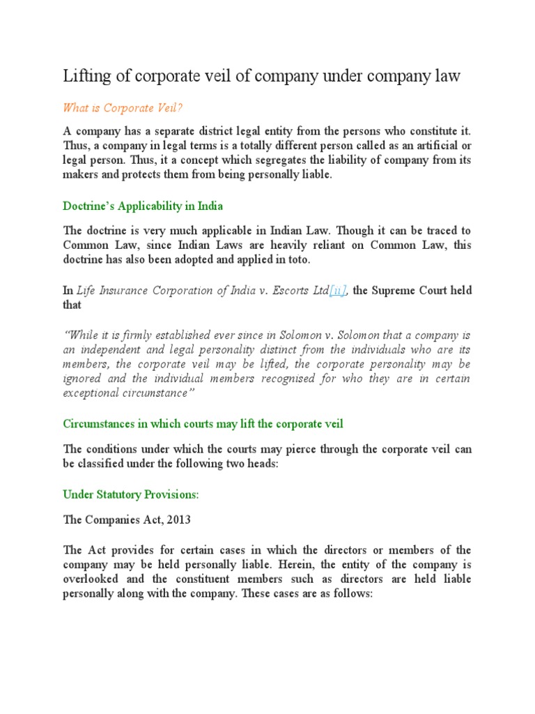 Lifting of Corporate Veil of Company Under Company Law | PDF | Piercing The Corporate Veil ...
