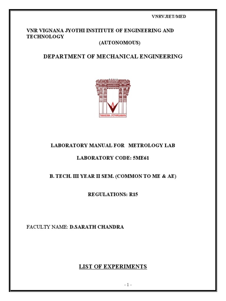 Metrology Lab Manual for B.Tech Students | PDF | Tools | Teaching ...