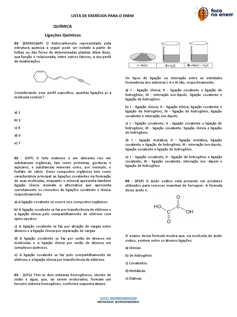 Lista de exercícios de química sobre ligações químicas para o ENEM ...