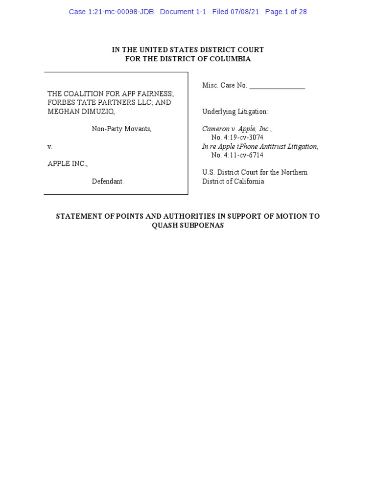 Coalition For App Fairness Petition To Quash Apple Subpoenas | PDF ...