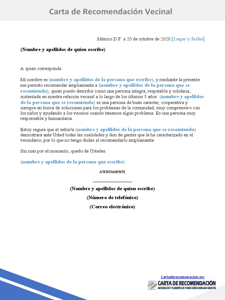 Carta de Recomendación Vecinal Ejemplo | PDF