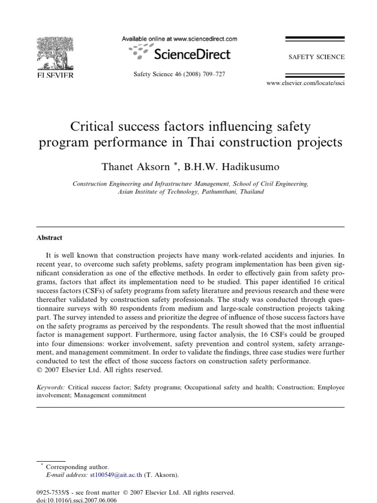 Critical Success Factors Influencing Safety Program Performance in Thai ...