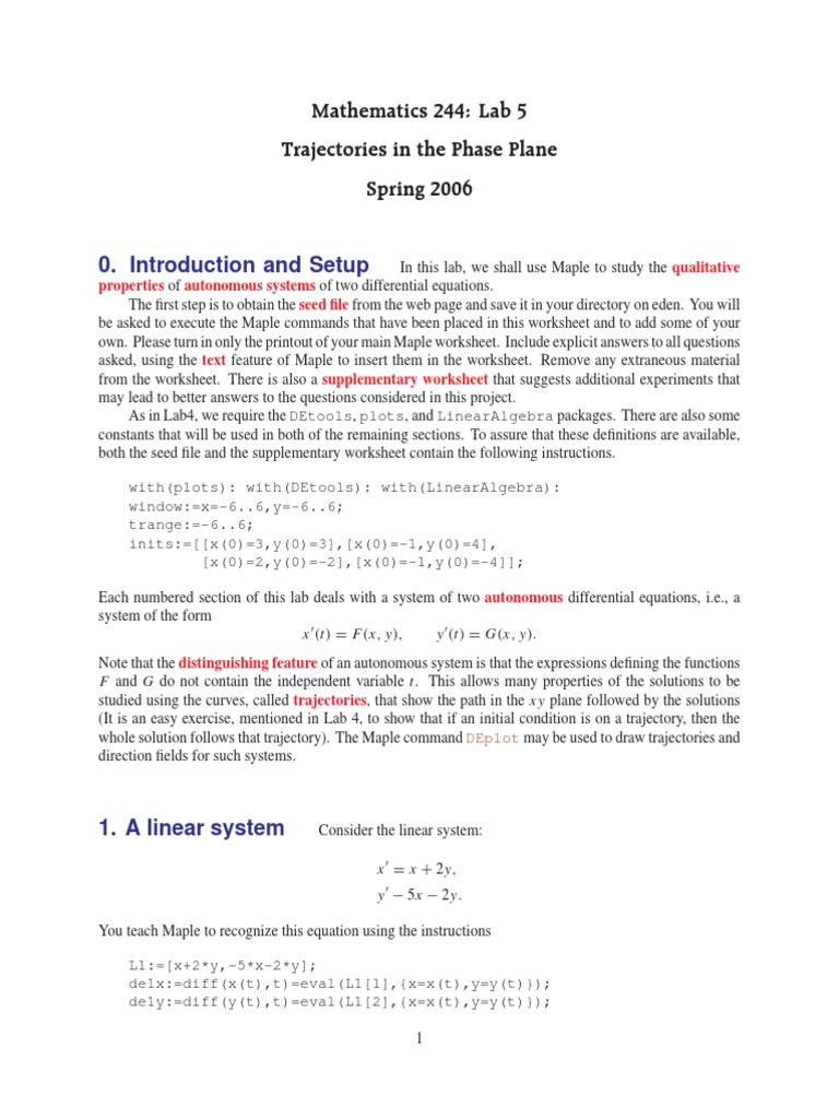 Phase Plane Trajectories Lab Guide | PDF | Stability Theory | System Of ...
