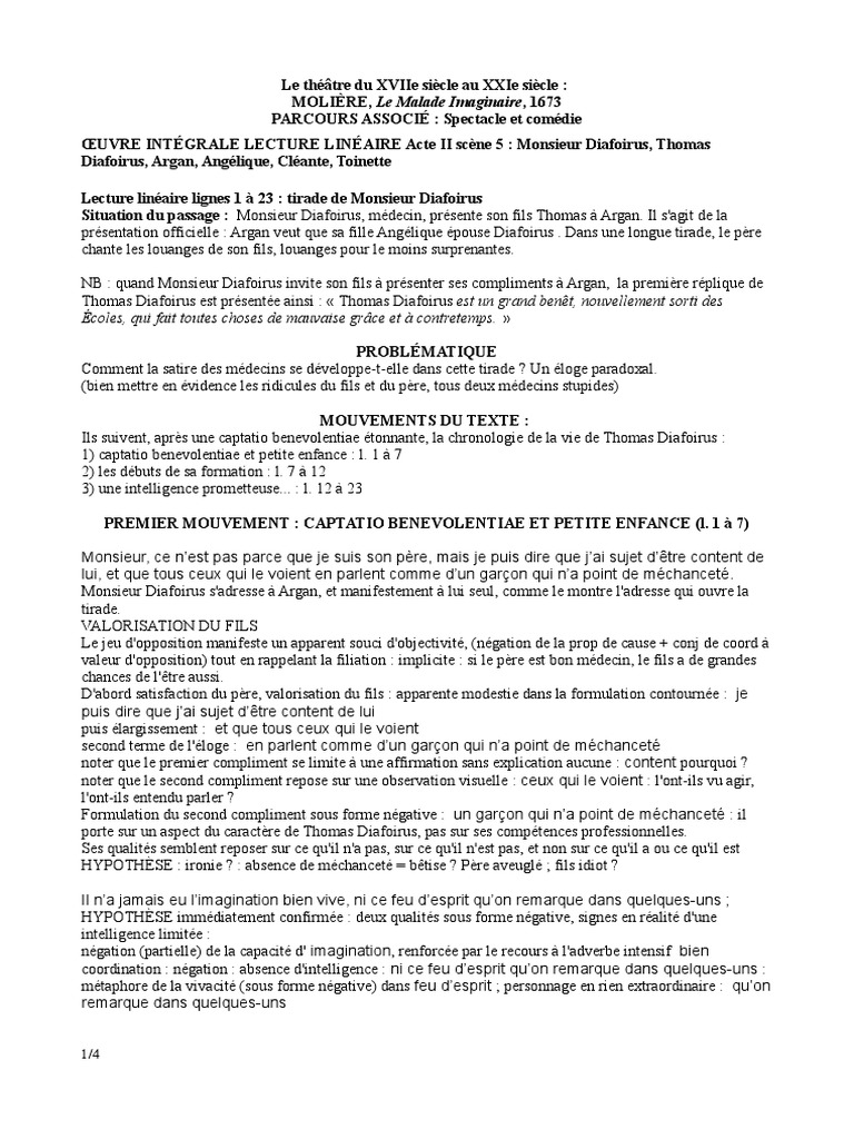 Le Malade Imaginaire Acte 2 Scene 5 Analyse Lineaire Moliere II 5 Texte 2 LL | PDF | Molière | Science