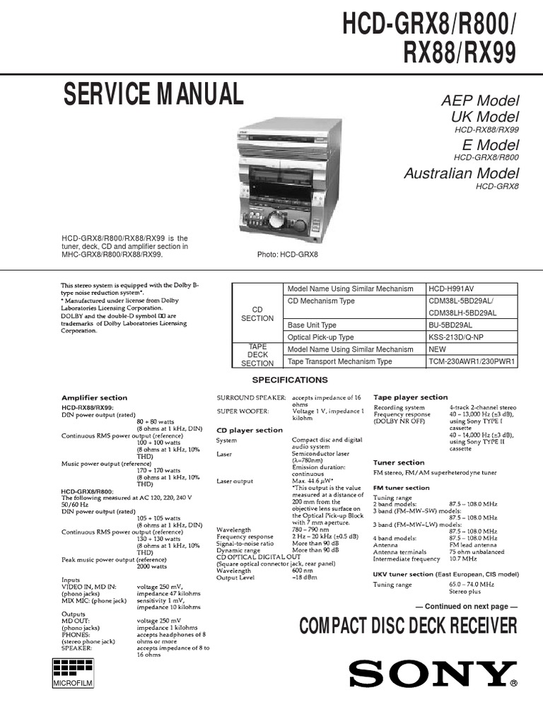Manual Serviço - Sony HCD-GRX8, R800, RX88, RX99 | PDF | Laser.