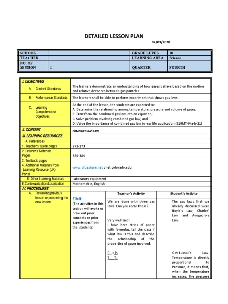 Lesson Plan 7e Combined Gas Law PDF Gases Learning