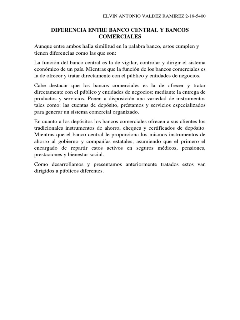 Macroeconomia Diferencia Entre Banco Central y Bancos Comerciales Elvin Antonio Valdez