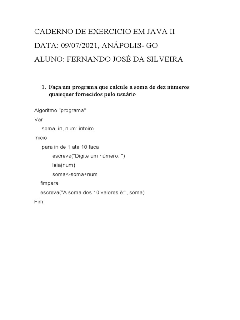 Caderno De Exercicio Em Java Ii Pdf Algoritmos Ensino De Matemática