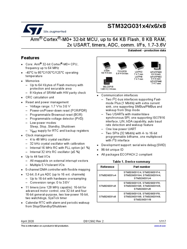 STM32G031x4/x6/x8 Arm Cortex M0+ 32Bit MCU, Up To 64 KB Flash, 8 KB