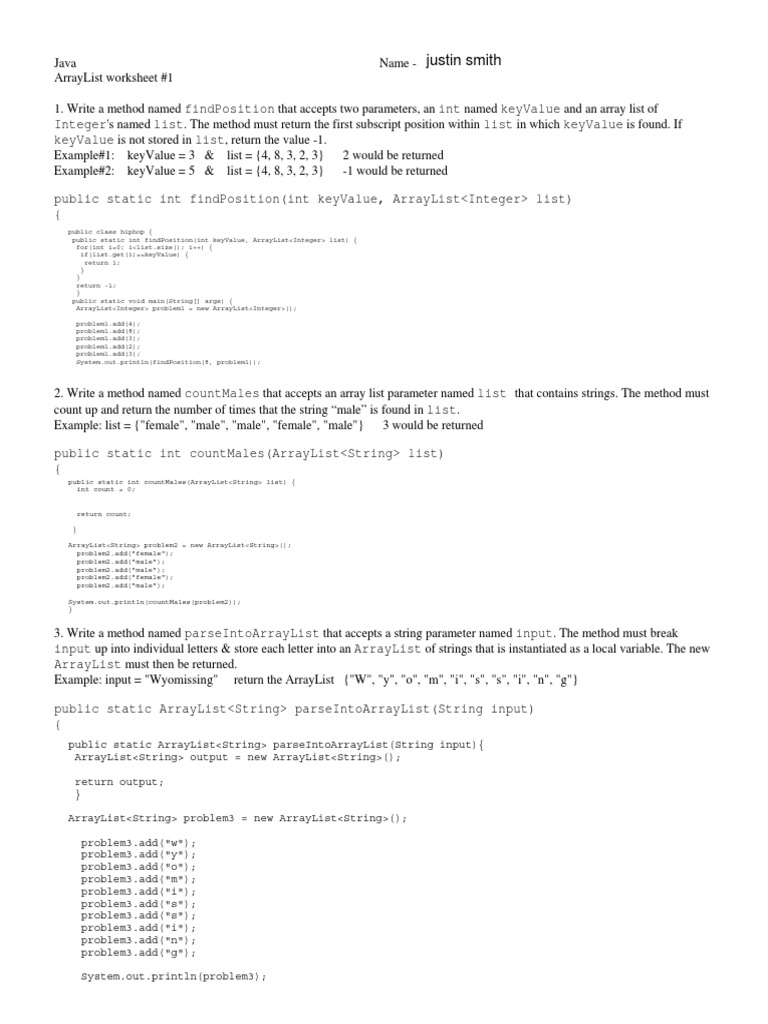 ArrayList Worksheet | PDF | Integer (Computer Science) | Parameter ...
