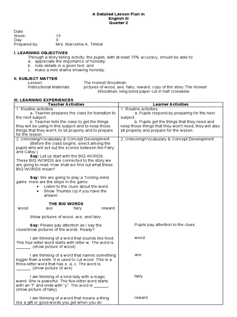 English 3 Lesson Plan: Honesty Theme | PDF | Lesson Plan