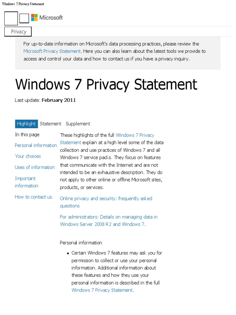 windows 7 privacy statement