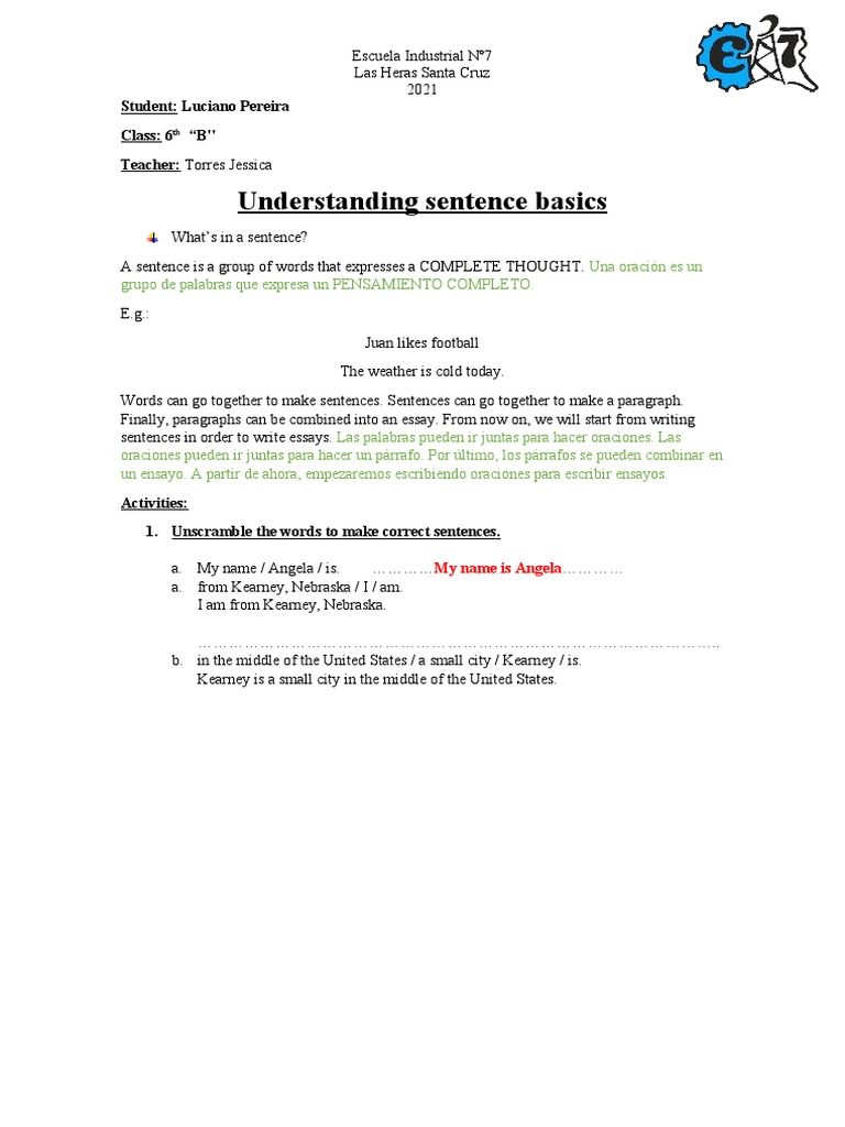 Sentence Basics for Students | PDF | Grammar | Language Mechanics