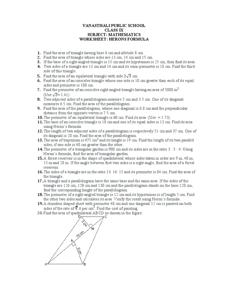Herons Formula Worksheet PDF Area Triangle