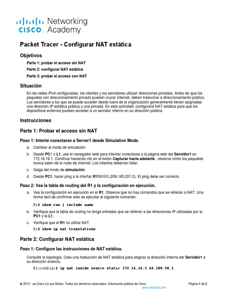 Configuración de NAT Estática en Packet Tracer | PDF | Dirección IP ...