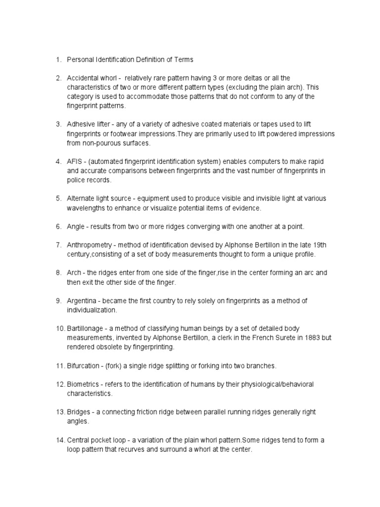 Personal Identification Terms Explained | PDF | Fingerprint | Crime ...