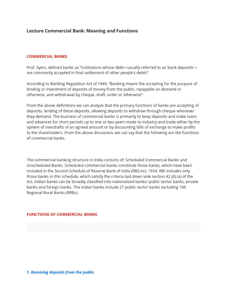 Commercial Banks Meaning and Functions PDF Credit Finance & Money Management