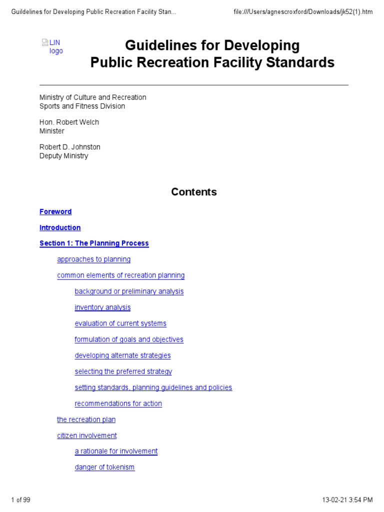Guildelines For Developing Public Recreation Facility Standards PDF Community Policy