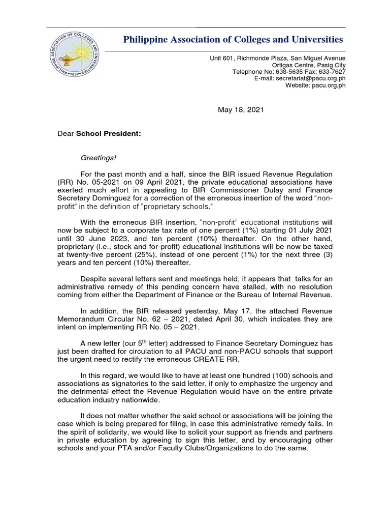 PACU Letter To School Presidents 05182021 | PDF | Gross Income | Taxes