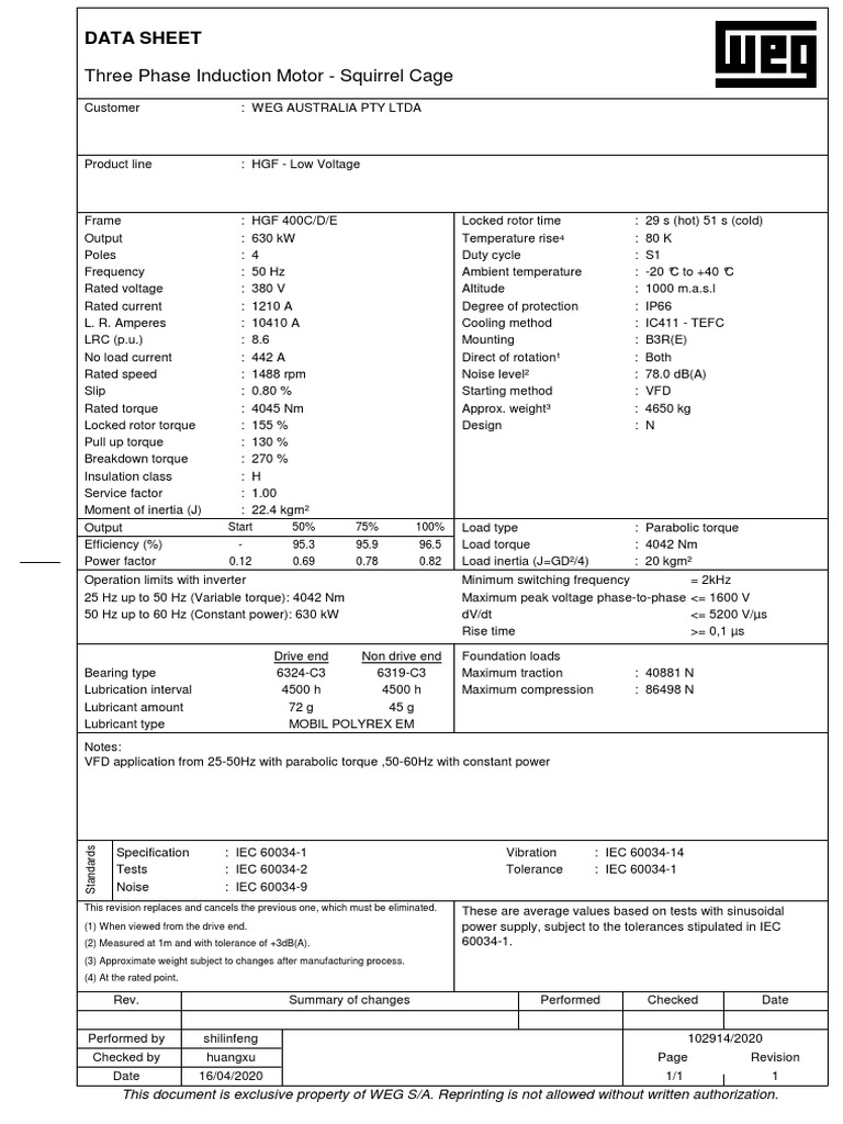 630 kW 4-Pole Induction Motor Data Sheet | PDF | Electric Motor ...