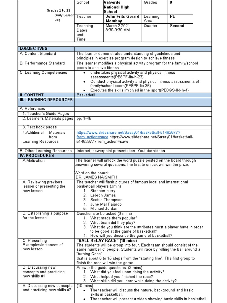 Grade 8 PE 2nd Quarter Basketball Lesson | PDF | Teachers | Teaching