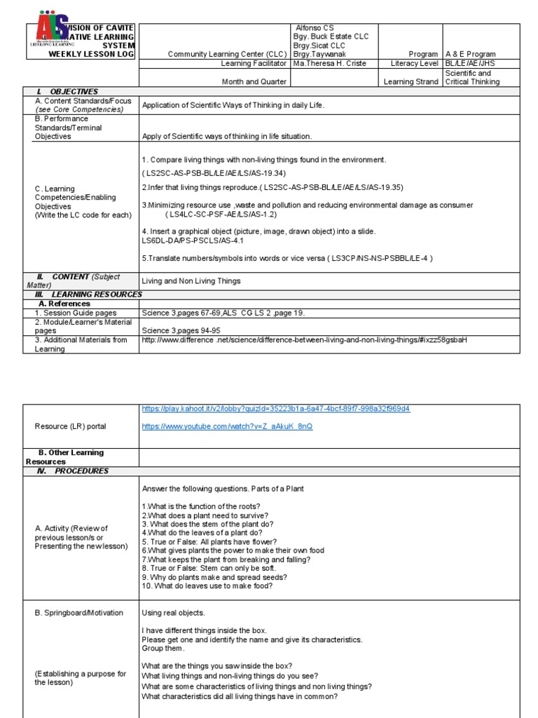 Sample ALS Weekly Lesson Log | PDF | Life | Learning