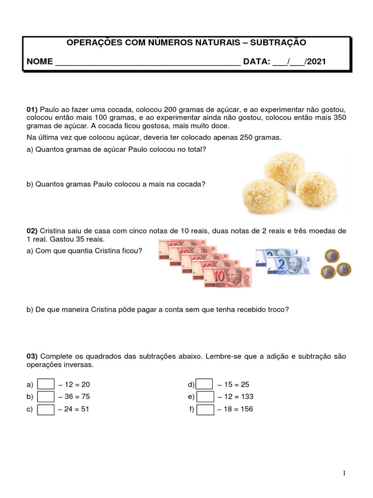 Operações Com Números Naturais - Subtração (6º Ano) | PDF