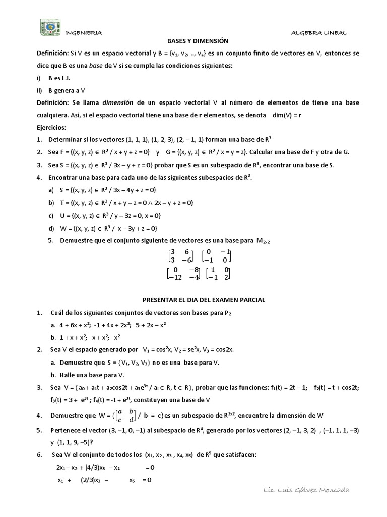 Bases y Dimensión en Álgebra Lineal | PDF | Base (álgebra lineal ...